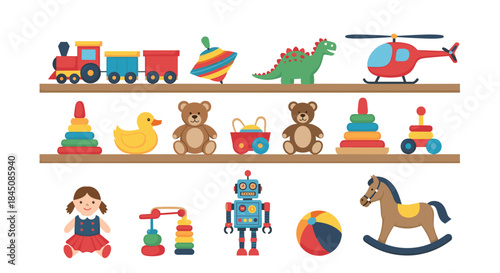Colorful display of children's toys on three shelves including a train spinning top dinosaur helicopter rings a duck and bears with a wagon and a robot.
