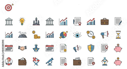 Diverse collection of business finance icons and symbols including graphs charts coins hours calendars and documents for visual storytelling.
