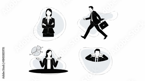 Set of business people icons representing different professional activities.