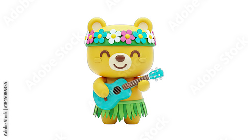 Hawaiian Bear Playing Ukulele on White Background