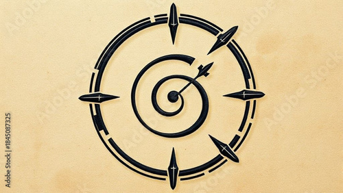 Vintage Prague astronomical clock design featuring an old spiral staircase and zodiac symbol on an ancient antique wall