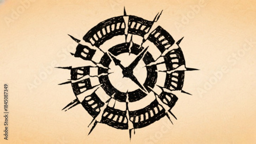 Vintage vector illustration design featuring a circle dial concept that blends ancient Greek art and gods with ancient Egyptian gods using a compass symbol and an old watch face map
