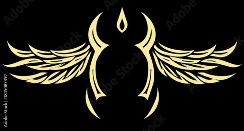 Black silhouette vector illustration of a tribal angel and devil head symbol with bird wings and fire ornament design element