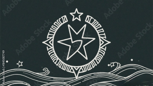 Vintage gold compass icon and star symbol set on an abstract circular background with vector map design elements and badge labels