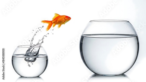 A brave goldfish leaps from its small bowl towards a promising new larger habitat
