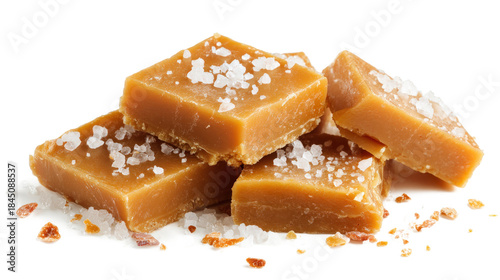 Salted Caramel Toffee Pieces with Sea Salt Crystals Isolated on White Background