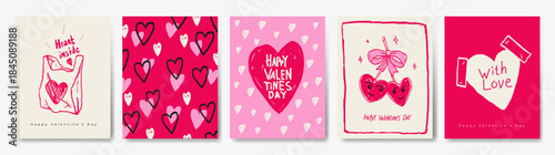 Trendy Valentine’s Day hand-drawn cards set with expressive hearts, love symbols and playful typography. Trendy style with brush strokes.