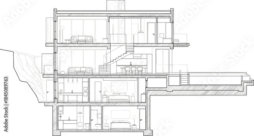 Multi-level house section icon vector—hillside foundation, furnished rooms, and structural layout for architectural, interior, and planning visuals