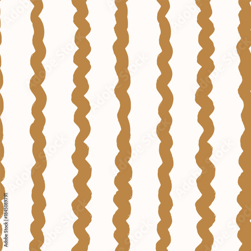 Simple and bumpy thick wavy lines, forming a minimalist stripes pattern in colors of brown on off white background. Abstract geometric seamless vector pattern. Great for home decor, fabric, wallpaper.