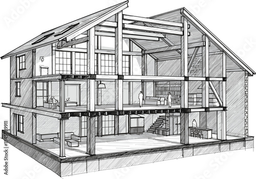 Architectural sketch icon vector—three-story timber-frame house with exposed beams, interior rooms, and cutaway structure for design visuals