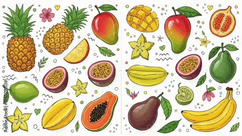 Vibrant Assortment of Exotic and Tropical Fruits Collection.
