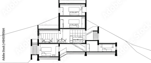 Hillside house section icon vector—multi-level layout with staircases, bedrooms, and terrain adaptation for architectural and planning visuals