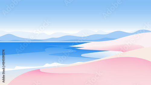 Minimalist seaside landscape with smooth pink dunes meeting deep blue water, distant blue mountains fading into a pale blue sky