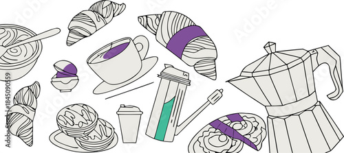 Hand drawn sketch of coffee and dessert items with purple accents