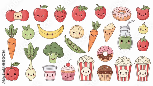 Cute Kawaii Food and Vegetables Collection with Happy Faces.