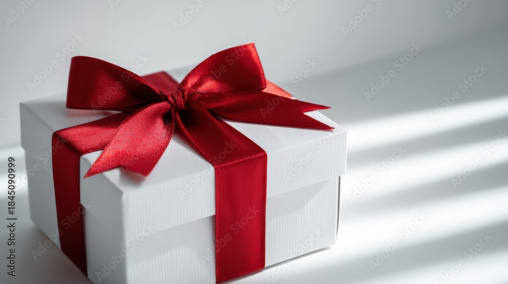 Fototapeta premium Elegant White Gift Box with Red Ribbon, Holiday Present for Special Occasions and Celebrations