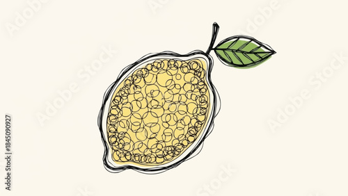Hand Drawn Lemon Fruit with Leaf and Stem Illustration.