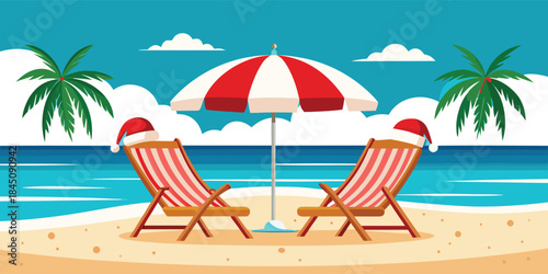 Christmas beach scene with deck chairs and umbrella
