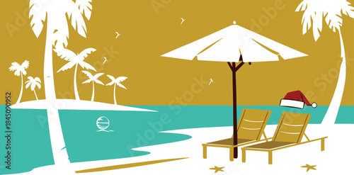 Tropical christmas beach scene with palm trees and lounge chairs