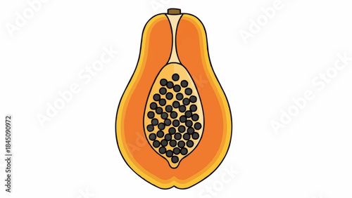 Illustration of a ripe papaya fruit cut in half showing seeds.
