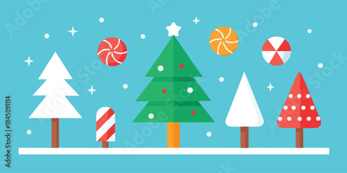 Festive christmas trees and candies with snowflakes on blue background