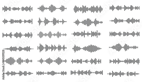 Collection of various sound wave patterns and audio signal icons