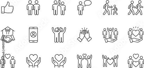 Community support icons, teamwork and relationship symbols, caring people illustrations, helping hands graphics, family and friendship elements for modern design projects