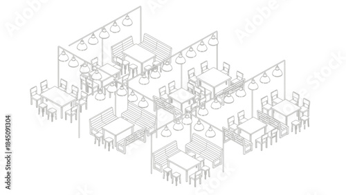 3D office space layout with furniture and equipment.