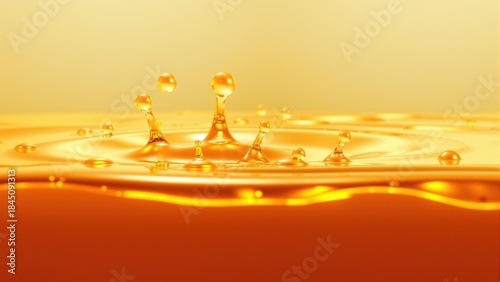 Droplets of water arise from a surface of thick golden liquid, forming small splashes as bright light reflects off the surface. scene captures dynamic movement and shine