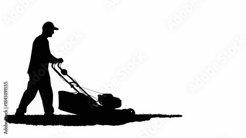 Silhouette of a man mowing the lawn with a push mower.