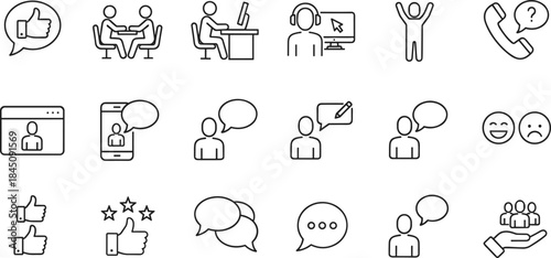 Communication and feedback icons, customer support symbols, chat and interaction illustrations, online meeting graphics, rating and review icons for business design