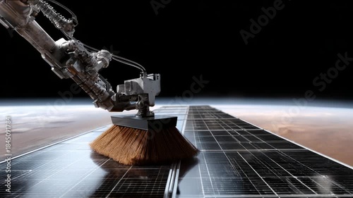 A robotic arm meticulously cleans a solar panel on an extraterrestrial surface, highlighting the importance of maintenance in space technology to ensure optimal energy production from solar resources.