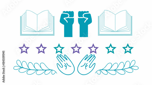 Symbolic illustration of education empowerment and achievement with open books raised fists stars and laurel branches representing knowledge growth and success
