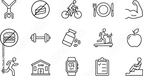 Fitness and health lifestyle icons set, workout exercise symbols, nutrition diet elements, gym training illustrations, wellness motivation graphics for active living