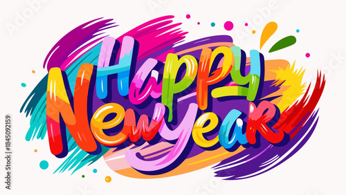 Vibrant and colorful happy new year typography with abstract splashes