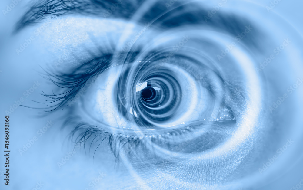 Fototapeta premium Hypnosis Spiral in eye with vertigo - Image of abstract spiral eye 