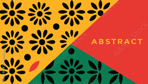 Colorful abstract background with geometric shapes and floral patterns in yellow green and red hues