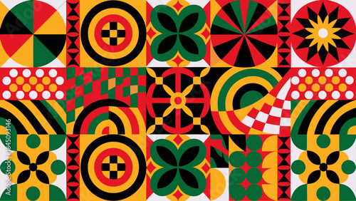 Vibrant geometric pattern with colorful shapes and floral designs in red, yellow, green and black on white background