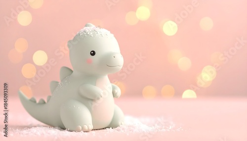Figura decorativa de pequeño dinosaurio blanco adorable sobre nieve con fondo bokeh cálido y atmósfera invernal suave