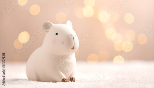 Figura decorativa de pequeño perrito blanco adorable sobre nieve con fondo bokeh cálido y atmósfera invernal suave
