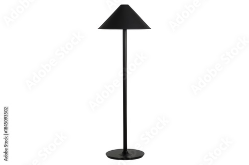 Solid black silhouette of a tall floor lamp with slim pole and cone shade shown as a minimal vector furniture object with clean form - AI Generated