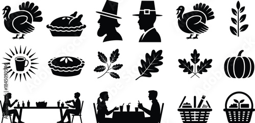 Thanksgiving icons collection featuring turkey, pumpkin, pie, pilgrims, leaves, baskets, and dining silhouettes in festive black silhouette holiday illustration set