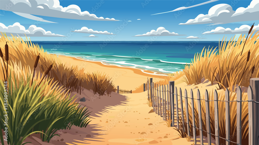 Fototapeta premium A sandy path with wooden fences leads through tall dune grasses towards a beautiful blue ocean under a bright, cloudy sky.