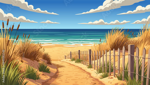 A sandy path leads through dunes and tall grasses towards a beautiful blue ocean under a bright sky with fluffy clouds.