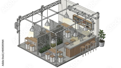 3D office space layout with furniture and equipment.