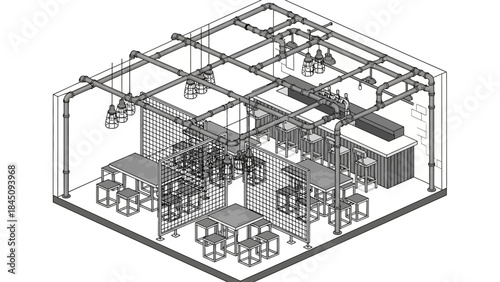 3D office space layout with furniture and equipment.