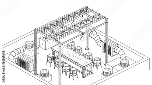 3D office space layout with furniture and equipment.