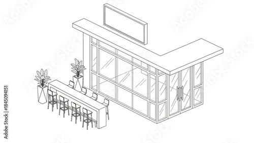3D office space layout with furniture and equipment.