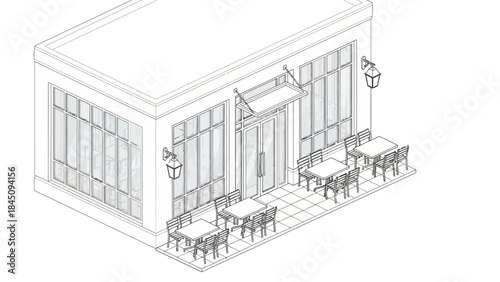 Outdoor cafe restaurant or shop exterior with patio furniture.