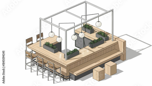 3D office space layout with furniture and equipment.